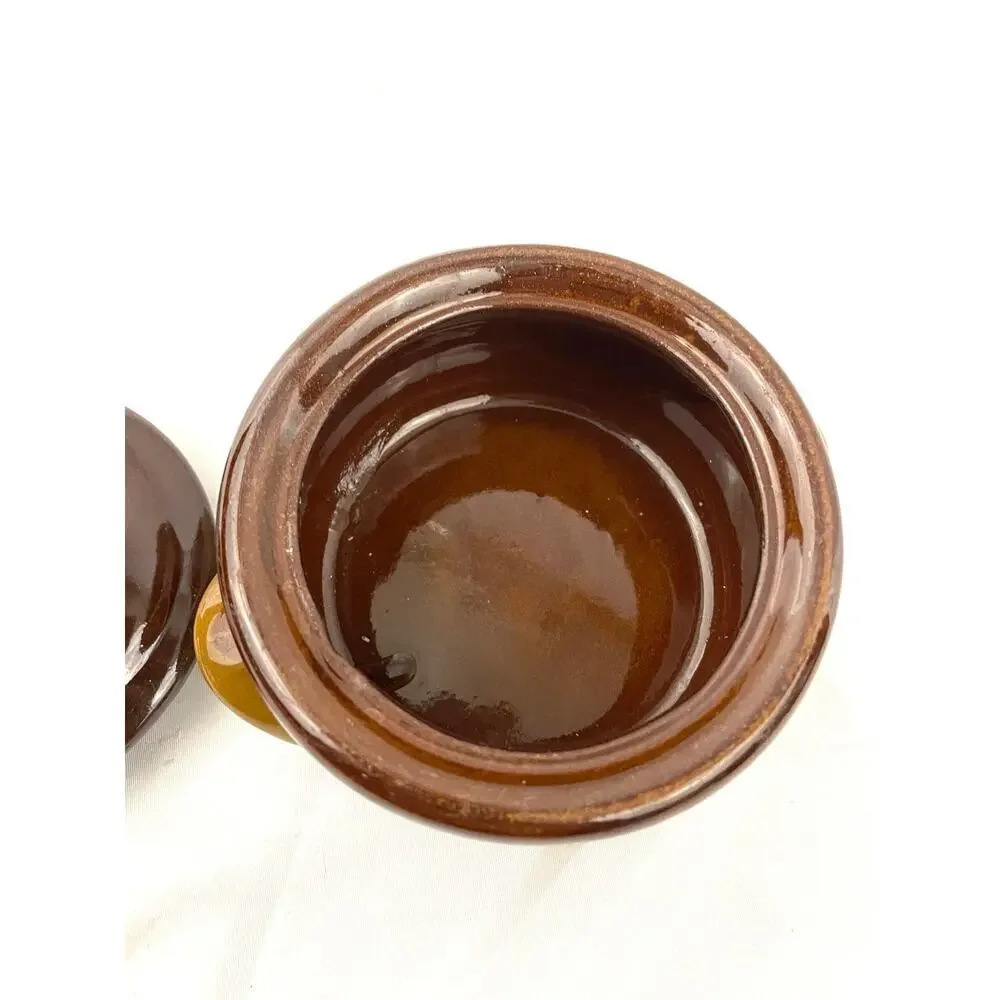 VTG Stoneware Pottery Bean Pot Double‎ Handled Brown 3 Tones Small